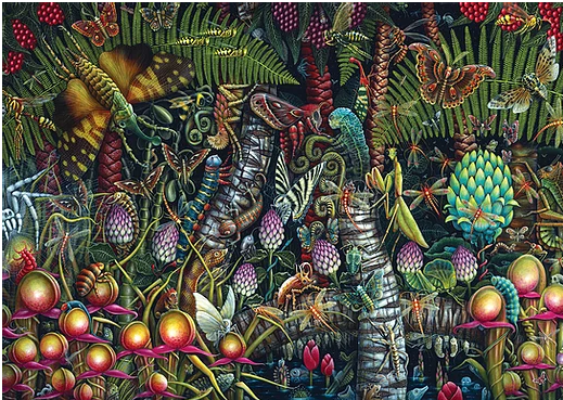 A vibrant jigsaw puzzle featuring a richly detailed microcosmic garden scene, filled with exotic plants, colorful butterflies, and various insects, capturing the essence of a lush, miniature ecosystem.