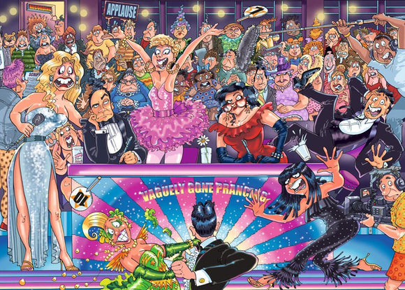 Wasgij Original 30 Strictly jigsaw puzzle by Jumbo featuring a humorous and chaotic scene inspired by a talent show with colorful animated characters celebrating and performing on stage, creating a fun and engaging experience for puzzlers.