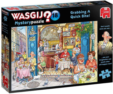 Wasgij Mystery 18 Grabbing jigsaw puzzle by Jumbo featuring a whimsical illustration of a busy café scene. The image depicts various characters enjoying meals, sipping drinks, and interacting with each other in a lively setting. The puzzle encourages imaginative thinking as you piece together the story behind the scene.
