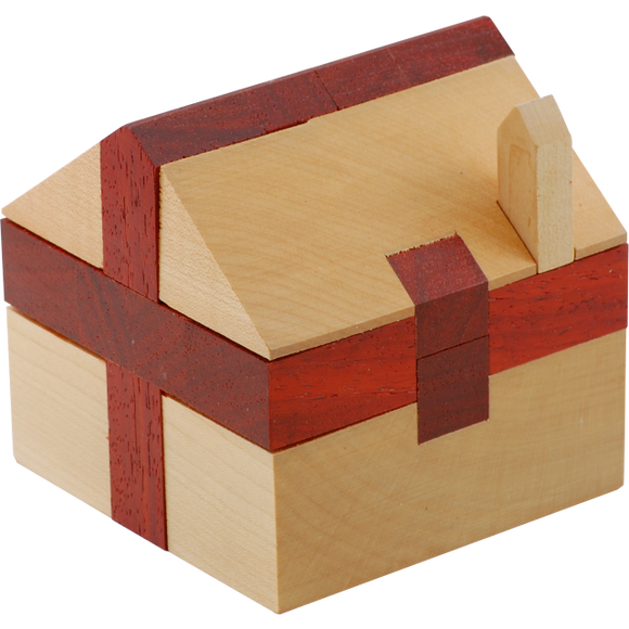 Haus - House Mechanical Puzzle by Jean-Claude Constantin, featuring an intricately designed wooden structure with a roof and decorative red accents. The puzzle is compact, showcasing fine craftsmanship and unique assembly mechanics, perfect for puzzle enthusiasts and collectors.