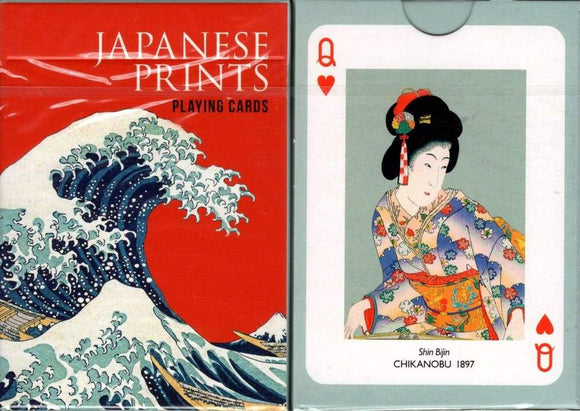 A pack of playing cards featuring Japanese prints. The front of the box showcases a vibrant red background with an iconic wave design inspired by Hokusai. The heart queen card displays a traditional Japanese woman in colorful attire, with intricate details and historical significance.