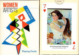 A colorful deck of playing cards titled 'Women Artists', featuring bold geometric designs on the front and showcasing a self-portrait by Zinaida Serebriakova on the back. The card displays the number 7 of hearts. This game celebrates the creativity and contributions of women in art.