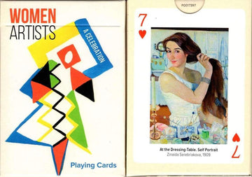 A colorful deck of playing cards titled 'Women Artists', featuring bold geometric designs on the front and showcasing a self-portrait by Zinaida Serebriakova on the back. The card displays the number 7 of hearts. This game celebrates the creativity and contributions of women in art.
