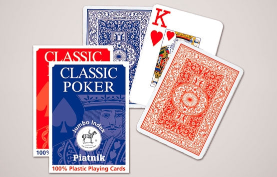 A 100% plastic poker deck by Piatnik featuring colorful playing cards. The deck includes a variety of cards displayed with classic designs, showcasing the red and blue color schemes. Ideal for games of poker and other card games, these durable cards ensure longevity and a smooth gaming experience.