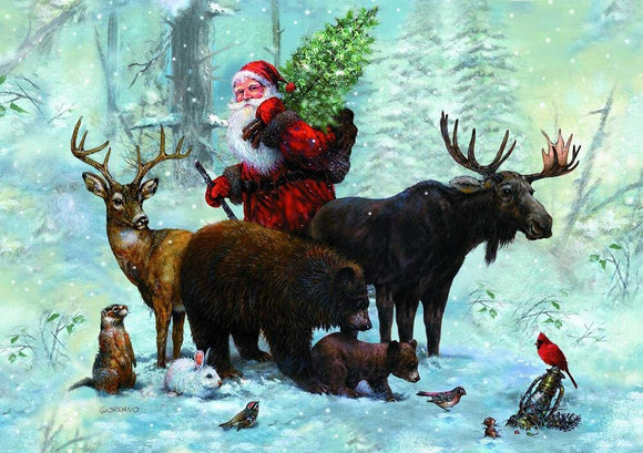 A vibrant jigsaw puzzle titled 'Santa's Team' by Piatnick, featuring a festive scene with Santa Claus surrounded by various woodland animals such as deer, a moose, a bear, and smaller creatures in a snowy forest. The colorful artwork captures a whimsical winter atmosphere.
