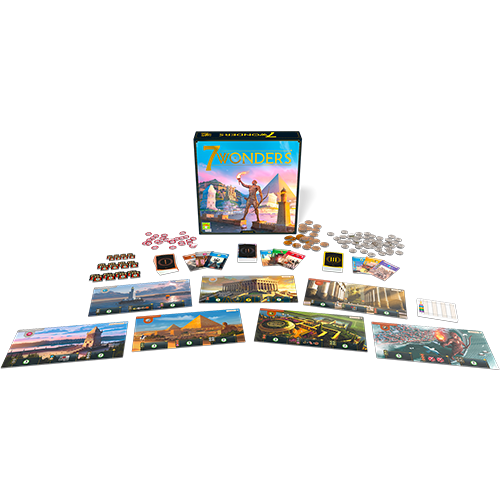 7 Wonders board game by Repos displayed with its box and game components including cards, tokens, and boards representing ancient wonders. Ideal for strategy lovers.