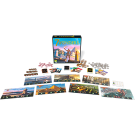 7 Wonders board game by Repos displayed with its box and game components including cards, tokens, and boards representing ancient wonders. Ideal for strategy lovers.