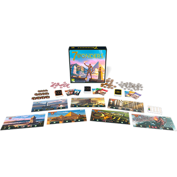 7 Wonders board game by Repos displayed with its box and game components including cards, tokens, and boards representing ancient wonders. Ideal for strategy lovers.