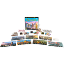 The board game '7 Wonders' by Repos, featuring a colorful box with artwork depicting ancient architectural wonders. The game components include cards, tokens, and player boards arranged around the box, showcasing the game's strategic nature and beautiful design.