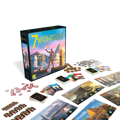 7 Wonders board game by Repos, featuring a colorful box with a stunning artwork of ancient civilizations. The game components include cards, tokens, and boards displayed around the box, showcasing a strategic gameplay experience focused on building wonders and civilizations.