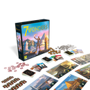 7 Wonders board game by Repos, featuring a colorful box with a stunning artwork of ancient civilizations. The game components include cards, tokens, and boards displayed around the box, showcasing a strategic gameplay experience focused on building wonders and civilizations.