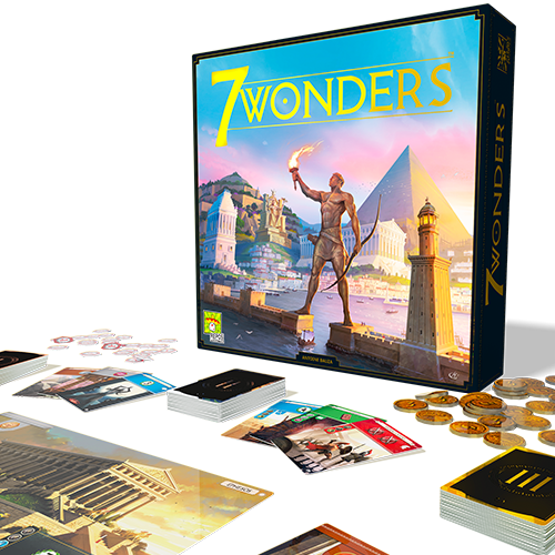 The game 7 Wonders by Repos displayed with its box, featuring beautiful artwork of ancient wonders and a variety of game components including cards, coins, and boards, all spread out on a table, inviting players to experience historical civilization building.