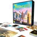 The game 7 Wonders by Repos displayed with its box, featuring beautiful artwork of ancient wonders and a variety of game components including cards, coins, and boards, all spread out on a table, inviting players to experience historical civilization building.