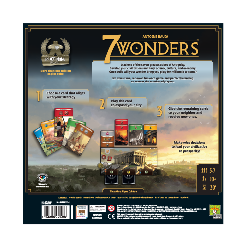 7 Wonders board game by Repos, featuring strategic gameplay. The back of the box displays game instructions and components including cards and a stunning illustration of a Wonder of the World. Ideal for 3-7 players, ages 10+, with a playtime of 30 minutes.