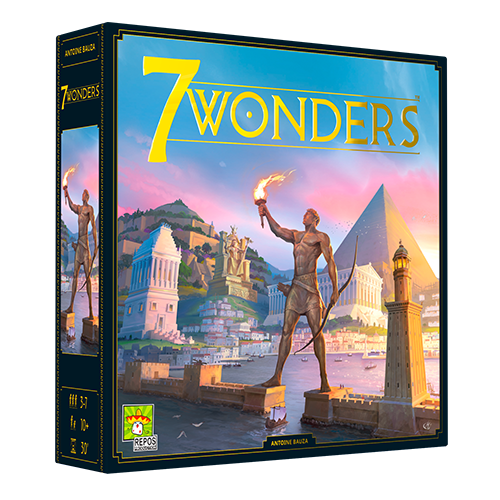 The box of the game '7 Wonders' by Repos, featuring vibrant artwork depicting ancient civilizations. The cover showcases a majestic figure holding a torch against a backdrop of monuments like pyramids and towers, exuding a sense of adventure and strategy for players.