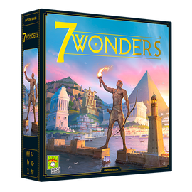 The box of the game '7 Wonders' by Repos, featuring vibrant artwork depicting ancient civilizations. The cover showcases a majestic figure holding a torch against a backdrop of monuments like pyramids and towers, exuding a sense of adventure and strategy for players.