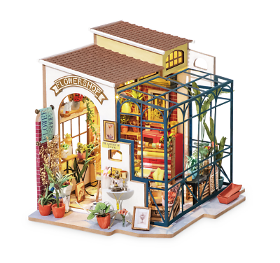 Emily's Flower Shop DIY Model Kit by Robotime, featuring a detailed miniature flower shop complete with vibrant plants, colorful interiors, and an inviting exterior. This DIY kit offers an engaging building experience for craft lovers, showcasing intricate design elements and a charming aesthetic.