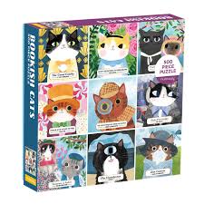 The Bookish Cats jigsaw puzzle features a colorful design with 9 adorable cat illustrations, including cats in various playful and literary poses. Each cat is uniquely illustrated with vibrant colors and whimsical backgrounds, making it an appealing puzzle for cat lovers and puzzle enthusiasts alike. The box includes a total of 500 pieces, perfect for an engaging and delightful puzzling experience.