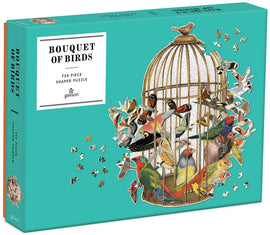 Bouquet of Birds shaped jigsaw puzzle by Galison, featuring a vibrant illustration of various colorful birds escaping from a birdcage. The box displays the title and details of the 750-piece puzzle set against a striking turquoise background, showcasing the intricate design and fun assembling experience.