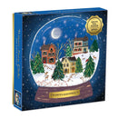 The Winter Snow Globe Foil Puzzle by Galison features a picturesque winter scene within a snow globe. The design showcases cozy houses adorned with holiday decorations, surrounded by snow-covered trees, twinkling stars, and a bright moon. The box displays the text 'Season's Greetings!' and indicates it contains 500 pieces. Ideal for holiday-themed puzzle enthusiasts.
