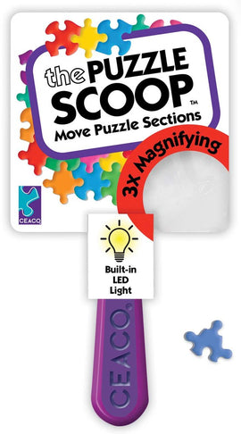 The Puzzle Scoop by CEACO, a jigsaw puzzle tool featuring a magifying lens and a built-in LED light. The handle is purple with pieces of colorful jigsaw puzzle design on the top.