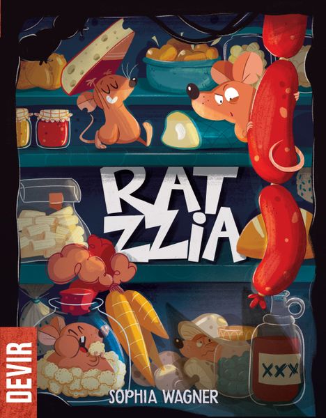 Ratzzia is a fun and engaging game by Devir Games, featuring adorable cartoon mice navigating a colorful pantry filled with food items. The vibrant cover showcases playful illustrations, with mice collecting treats amidst jars, sausages, and more. Perfect for family game night or casual play with friends.
