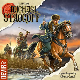 Cover art for 'Michael Strogoff' by Jules Verne, published by Devir Games. The illustration features a heroic figure on horseback wielding a pistol, surrounded by armed characters in a dramatic landscape. Designed by Alberto Corral, this board game captures the adventurous spirit of Verne's classic tale.
