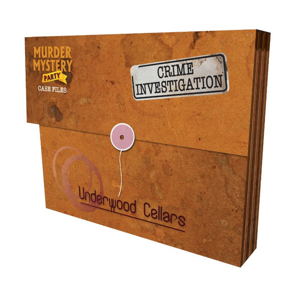 Underwood Cellars Murder Mystery Party Case Files box featuring a vintage design. The box is labeled 'Crime Investigation' with a rustic brown texture and a tag. Ideal for game nights.