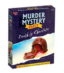 Death by Chocolate murder mystery party game by University Games, featuring a visually striking box showing a chocolate dessert with a bite taken out, set against a vibrant purple background. The packaging highlights the fun of solving a murder mystery with friends.