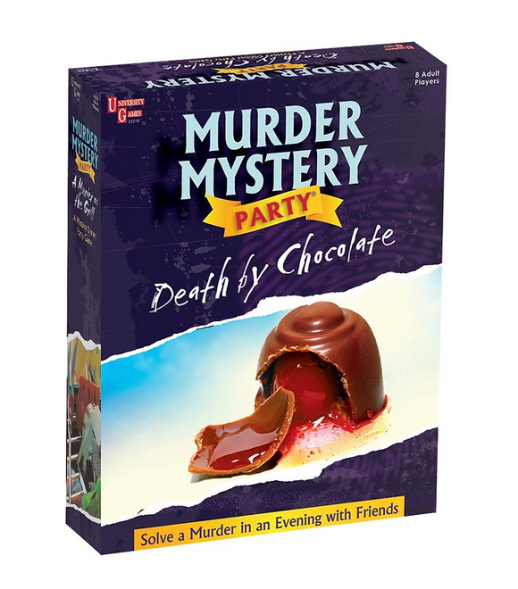 Death by Chocolate murder mystery party game by University Games, featuring a visually striking box showing a chocolate dessert with a bite taken out, set against a vibrant purple background. The packaging highlights the fun of solving a murder mystery with friends.