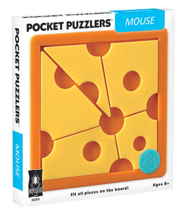 Pocket Puzzler - Mouse, a vibrant mechanical puzzle featuring a cheese-themed design with cut-out pieces. Designed for ages 8 and up, this engaging toy challenges players to fit all pieces onto the board, enhancing problem-solving skills and providing hours of entertainment.