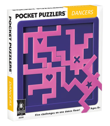 Pocket Puzzler - Dancers by University Games features a colorful mechanical puzzle designed for ages 8 and up. The box showcases a vibrant blue tray with pink puzzle pieces arranged in various dance floor patterns, offering five engaging challenges for players to solve. Perfect for enhancing cognitive skills and providing fun entertainment.