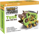 The Tusk Solar Boar DIY kit by TEAch Tech, featuring a vibrant green and brown boar design. The kit includes over 45 parts and is solar-powered, requiring no batteries for operation. Ideal for children aged 8 and up, this educational toy encourages creativity and exploration of alternative energy.