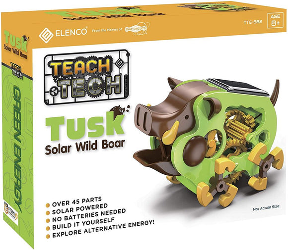 The Tusk Solar Boar DIY kit by TEAch Tech, featuring a vibrant green and brown boar design. The kit includes over 45 parts and is solar-powered, requiring no batteries for operation. Ideal for children aged 8 and up, this educational toy encourages creativity and exploration of alternative energy.