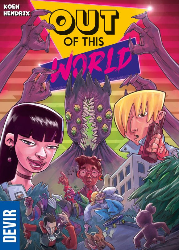 Out of This World by Devir Games features an eye-catching, colorful cover art filled with dynamic characters and a looming monster, set against a vibrant cosmic backdrop. Ideal for fans of adventurous board games, this product promises exciting gameplay.