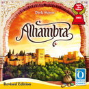 The Alhambra board game box featuring an illustration of the Alhambra fortress complex against a sunset background. The title 'Alhambra' is prominently displayed, along with the name of the designer, Dirk Henn, and award details. It shows a bag of coins and decorative tokens, indicating gameplay elements.