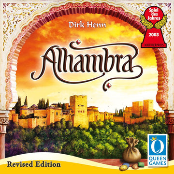 The Alhambra board game box featuring an illustration of the Alhambra fortress complex against a sunset background. The title 'Alhambra' is prominently displayed, along with the name of the designer, Dirk Henn, and award details. It shows a bag of coins and decorative tokens, indicating gameplay elements.