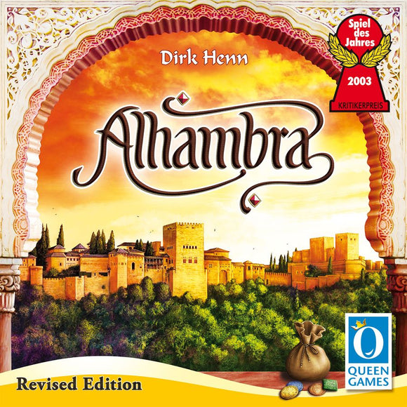 The Alhambra board game box featuring an illustration of the Alhambra fortress complex against a sunset background. The title 'Alhambra' is prominently displayed, along with the name of the designer, Dirk Henn, and award details. It shows a bag of coins and decorative tokens, indicating gameplay elements.