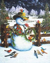 A charming jigsaw puzzle featuring a whimsical Western-themed snowman wearing a cowboy hat and a colorful vest, surrounded by various birds in a snowy landscape with mountains in the background.