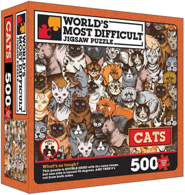 Box for the 'World's Most Difficult Jigsaw Puzzle' featuring a colorful array of illustrated cats. The puzzle is double-sided and contains 500 pieces, with one side turned 90 degrees, adding unique challenge.