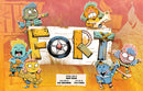 Colorful illustration of the game 'Fort' by Leder Games, featuring a playful group of children engaged in building their fort, with various supplies and an energetic background.