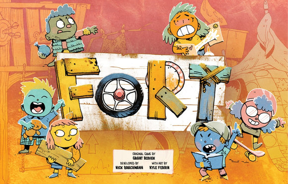 Colorful illustration of the game 'Fort' by Leder Games, featuring a playful group of children engaged in building their fort, with various supplies and an energetic background.