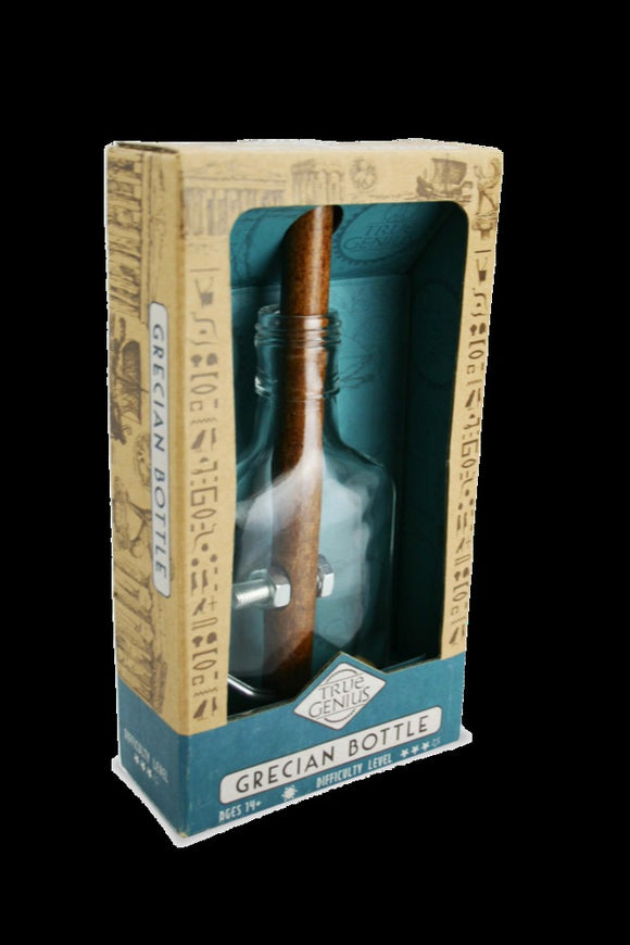 The Grecian Bottle by Project Genius is a mechanical puzzle that features a glass bottle with a cylindrical piece inserted through its neck. The packaging is adorned with ancient Greek motifs and showcases the difficulty level, designed for ages 14 and up. An engaging brain teaser, it combines intricate design with challenging mechanics for a fun problem-solving experience.