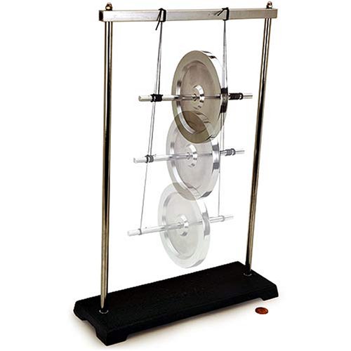 Maxwell's Wheel by Kidzlab features three transparent spinning disks mounted on a sturdy base. The design showcases an elegant balance of form and function, making it a fascinating educational tool to explore principles of dynamics and physics.