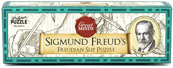The Freudian Slip Puzzle by Professor Puzzle features a stylish box design with illustrations of Freud's theories and a portrait of Sigmund Freud. Ideal for puzzle enthusiasts and those interested in psychology, this mechanical puzzle offers a challenging and engaging experience.