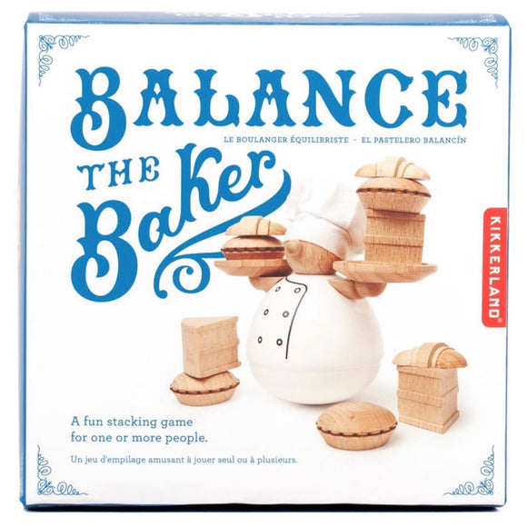 Balance the Baker is a fun stacking game designed for one or more players. The game features a charming baker character balancing wooden pastries on his arms, with various wooden blocks and treats included. The packaging showcases colorful and playful graphics, highlighting the game's name and description in multiple languages.