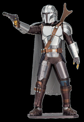 A detailed DIY metal model kit of The Mandalorian from the popular Star Wars series. The figure features a silver helmet, armor, and a cape, aiming with a blaster in one hand, showcasing intricate designs and sturdy materials. Perfect for fans and collectors, the model captures the essence of the iconic character.