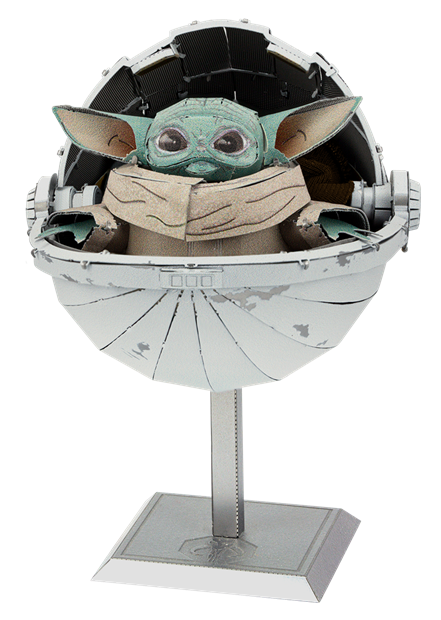 ICONX: The Child DIY kit by Metal Earth, featuring a detailed model of a small green character with large ears, seated in a futuristic pod. The model is made of metal and includes intricate design elements, making it a perfect collectible for fans.