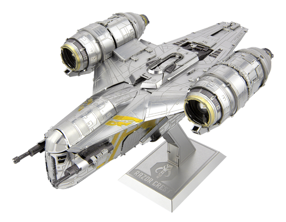 The ICONX Razor Crest is a detailed metallic DIY kit by Metal Earth, showcasing a stylized spaceship model with intricate designs and a sturdy base. The model features realistic metallic detailing, two prominent engines, and a sleek body, perfect for collectors and hobbyists. Ideal for crafting enthusiasts looking to build and display a standout piece.