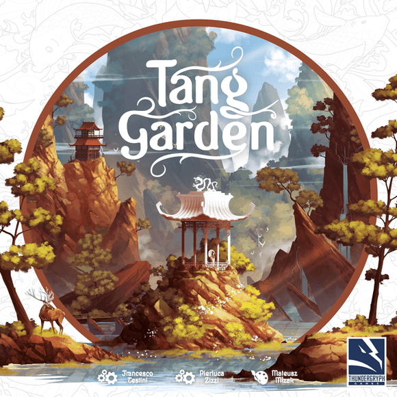 Tang Garden is a beautifully illustrated board game by Thundergryph Games, featuring stunning artwork of serene landscapes with pagodas, mountains, and lush greenery. The design includes elements like deer and a tranquil water scene, ideal for strategic play and immersive experiences.